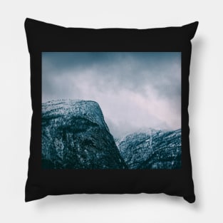 Closeup of Norwegian Mountains on Moody Winter Day Pillow