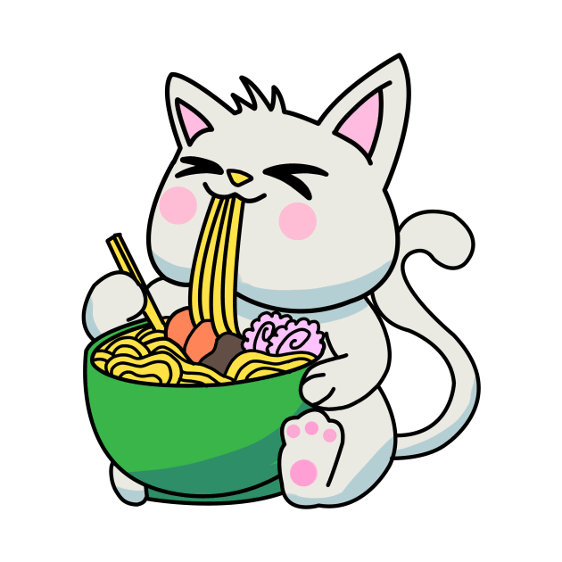 Anime Kawaii Ramen Eating White cat Japanese Noodles by Mesyo