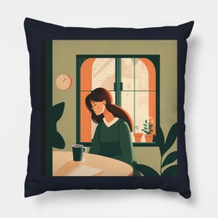 Illustration of handsome woman sitting with cup of coffee near window with view of city Pillow