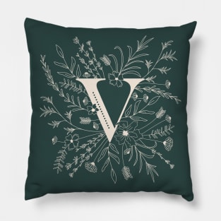 Botanical Letter V (Forest Green) Pillow