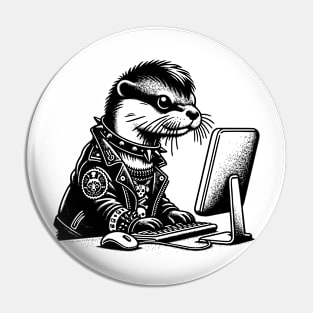 Punk Rock Goth Otter on Computer Vintage Style Pin