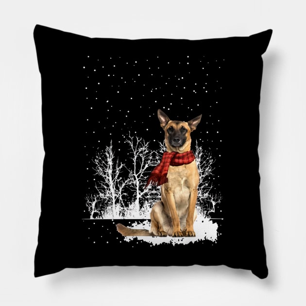 Christmas Belgian Malinois With Scarf In Winter Forest Pillow by SuperMama1650