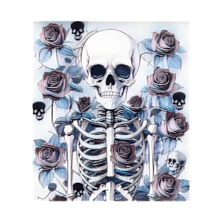 Skeleton with Roses and Skulls Design T-Shirt