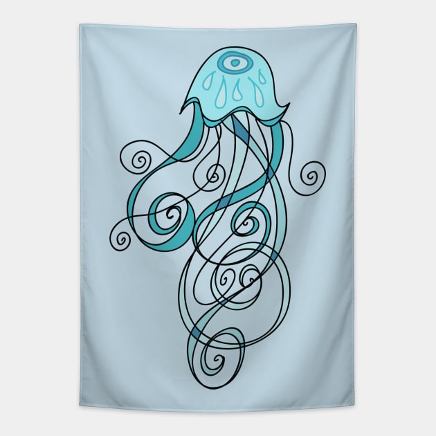 Abstract Blue Cartoon Jellyfish Tapestry by saradaboru