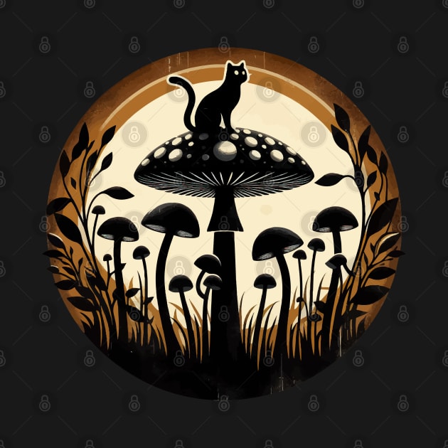 Funny Vintage Black Cat in Mushroom Garden by TomFrontierArt