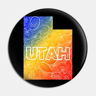 Colorful mandala art map of Utah with text in blue, yellow, and red Pin