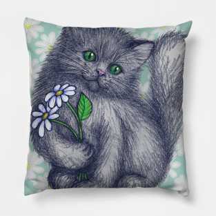 Cute Kitten with Daisies Pillow