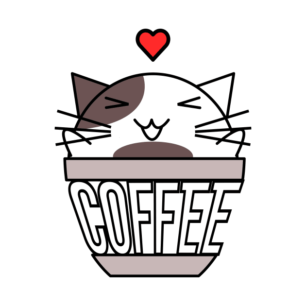 Happy cat in coffee cup with warped text heart on head brown by coffeewithkitty