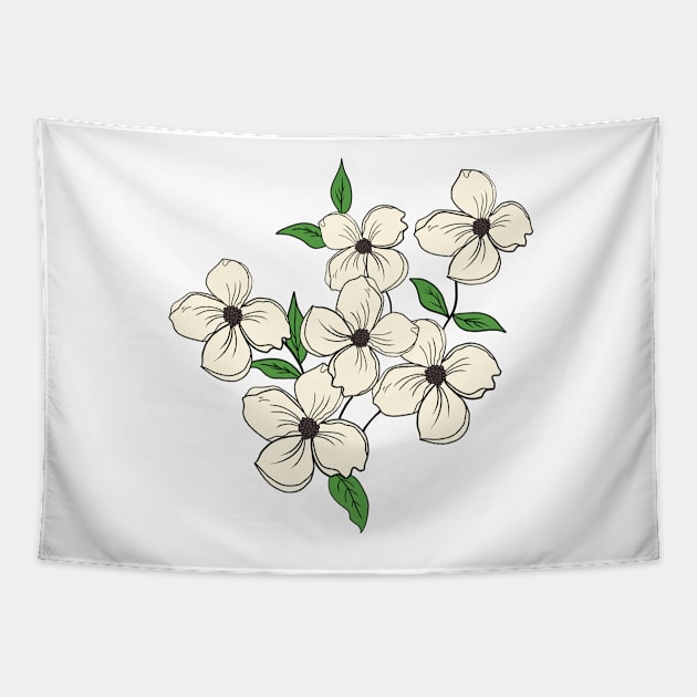 White Dogwood floral Hand Drawn Gardening Gift Tapestry by Mesyo