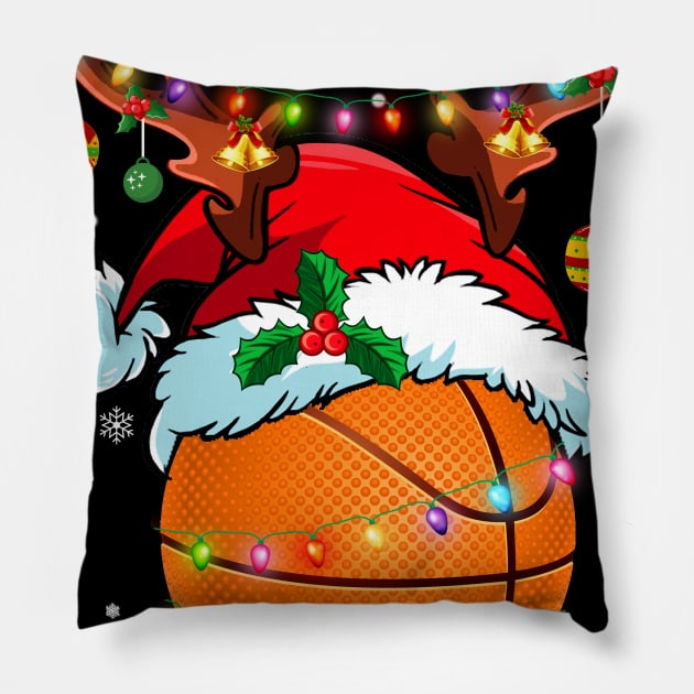 Reindeer Santa Hat Basketball Christmas Lights Xmas Pillow by Dunnhlpp