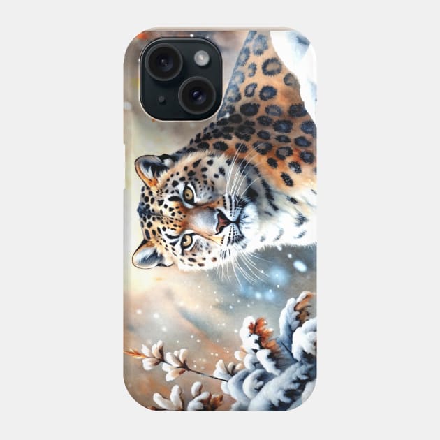 A Proud Snow Leopard Went Hunting, in the Snowy forest, Hight Mountains, Snow Falling, Winter Landscape, Wildlife White Panthera, Watercolor Phone Case by sofiartmedia