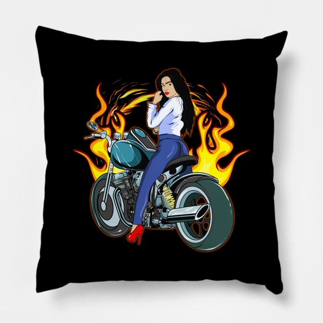 Cool Biker Woman With Flaming Motorcycle Lover Pillow by SoCoolDesigns