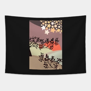 Quiet and peaceful night, cute owl snooze on the tree Tapestry