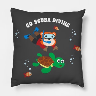 Diving with funny tiger and turtle with cartoon style. Pillow