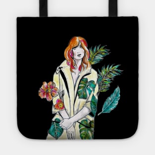 Woman with Red hair in a yellow floral coat - Fashion Illustration. Tote