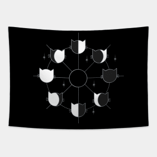 Black Cat Phases of the Moon in Black and White Tapestry