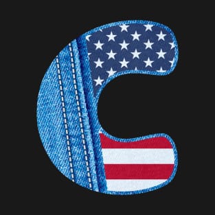 The letter C with the texture of blue denim fabric and US flag - Monogram C with real  jean fabric and American flag T-Shirt