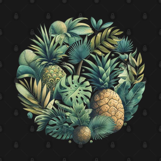 Tropical Vibes Round Composition - Laid-Back and Exotic Feel with Palms and Pineapples by CreativeArtss