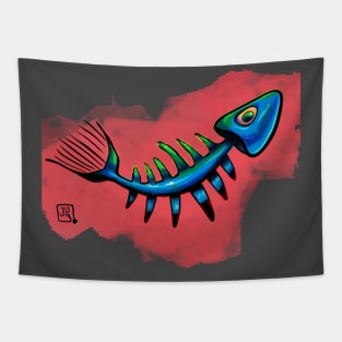 blue fishbone on red background Tapestry