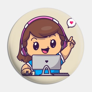 Cute Gamer Girl Playing Computer Cartoon Pin