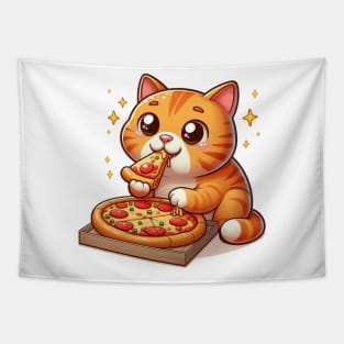 cute cat fat eat pizza cartoon illustration vector transparent backgroud Tapestry