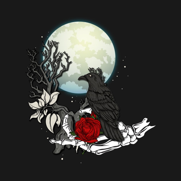 black raven in skeleton hand with a rose in front of a full moon by LUNASTOR