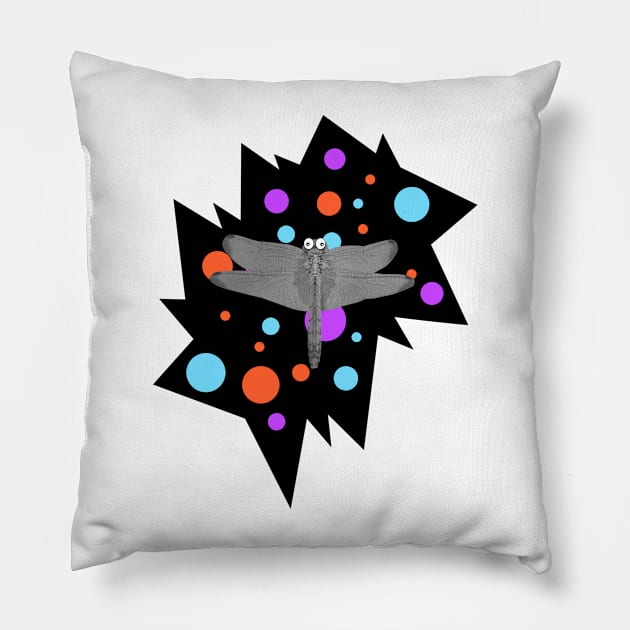 Dragonfly with cartoon eyes flys over colourful chasm Pillow by Dazedfuture