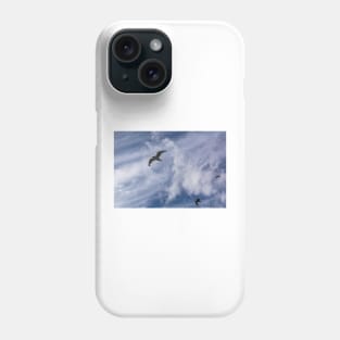 Three seagulls flying in the blue cloudy sky Phone Case