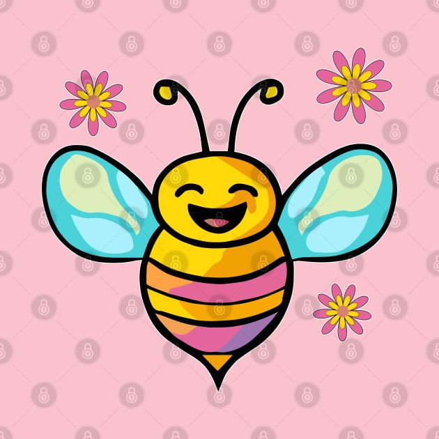 Happy smiling baby bee with flowers. Kawaii cartoon by SPJE Illustration Photography