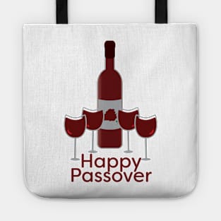 Happy Passover Greeting with Wine Bottle and Four Glasses Tote