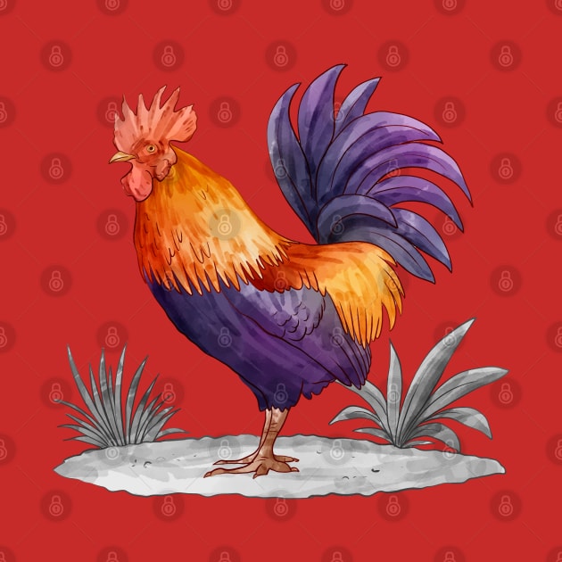 Hand Drawn Cock Watercolor by Mako Design 