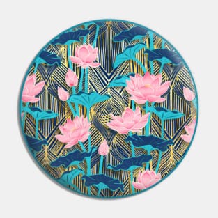 Art Deco Lotus Flowers in Pink & Navy Pin