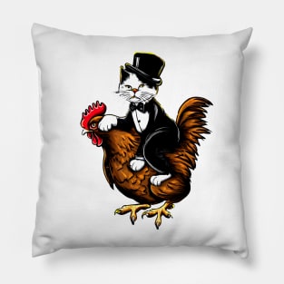 Tuxedo Cat on a Chicken Funny Pillow