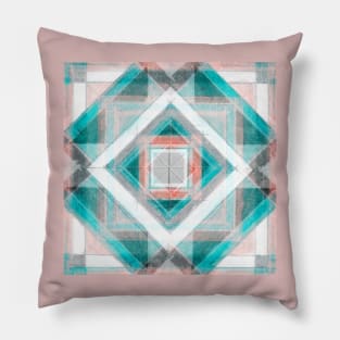 Hand Made Edited Pencil Geometry in Light Turquise on pale Red Pillow