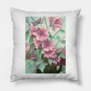 Pink hollyhocks watercolour painting Pillow