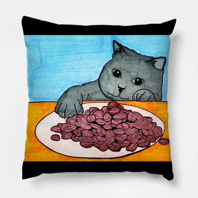 Cat Wants Coffee Pillow by Kelly Louise Art
