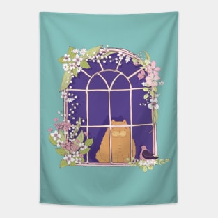 Kitty Cat In A Pretty Springtime Window With A Fancy Friend Tapestry