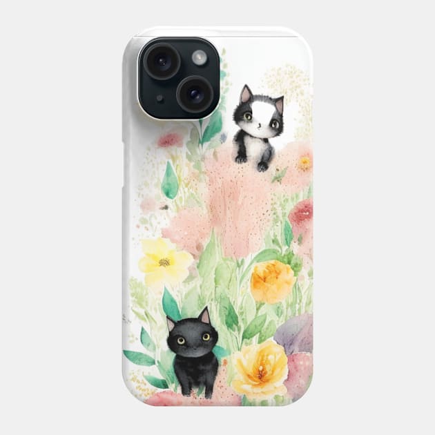 Black Cats in the Flower Garden Soft Pastel Colors Phone Case by Stades