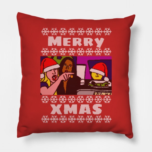 Woman Yelling Merry Xmas at Christmas Santa Cat Pillow by ellenhenryart