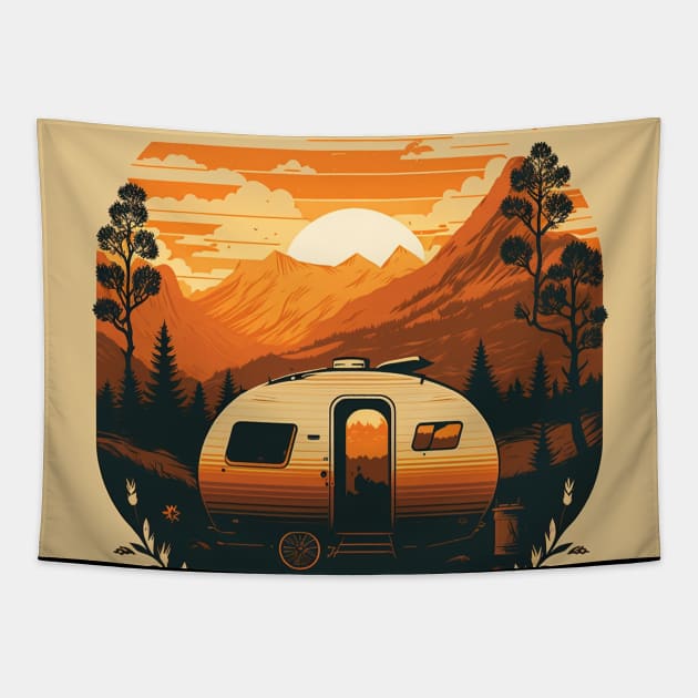 Camping Adventure Sunset, Camping Van Tapestry by dukito