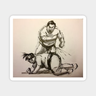 Sumo #23 - Sumo wrestlers ink wash painting on vintage paper Magnet