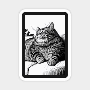 Fat Cat Lounging on the Couch, Black and White Magnet