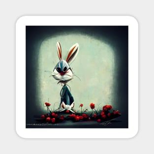 Cartoon sketched bunny rabbit looking less than pleased as he stands in the garden. Magnet