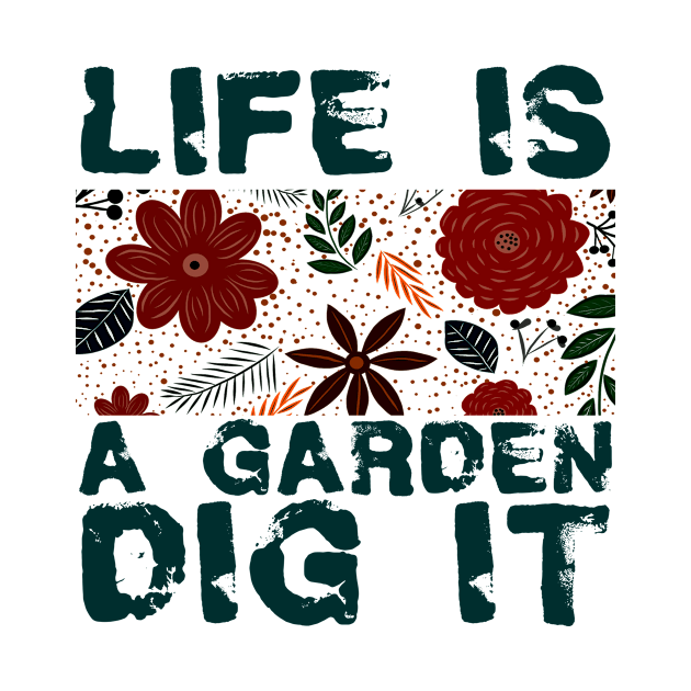 LIFE IS A GARDEN DIG IT Vintage Retro Sunset flower leave plant design grey blue pink by Musa Wander