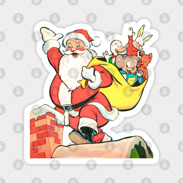 Santa Claus with his friends on the roof by the fireplace at Christmas Retro Vintage Comic Cartoon Magnet by REVISTANGO