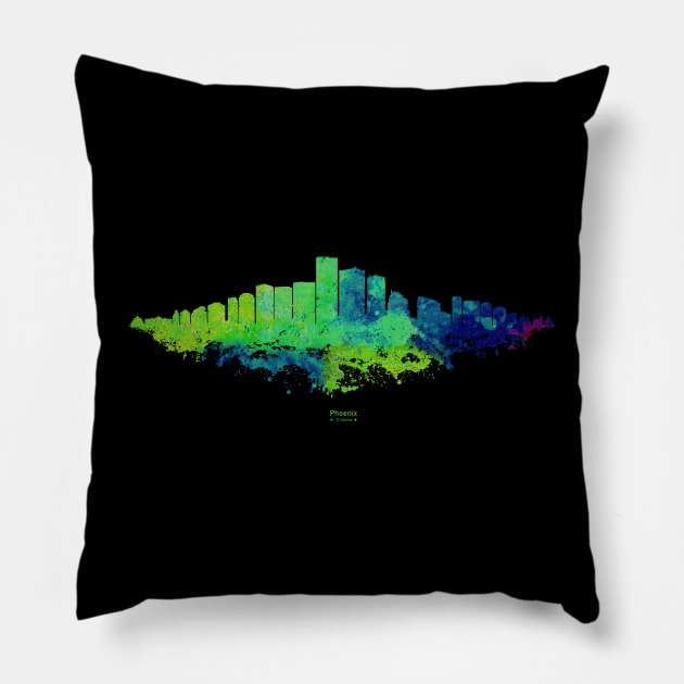 Phoenix City Skyline - Watercolor Green, blue Pillow by SPJE Illustration Photography