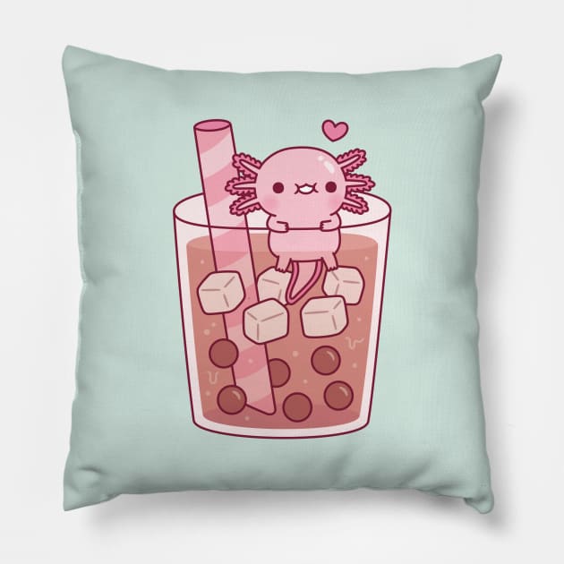 Cute Axolotl Hanging Around In Bubble Tea Pillow by rustydoodle