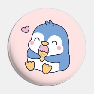 Cute Little Blue Penguin Loves Ice Cream Pin