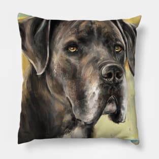 Close Up Painting of a Brown Great Dane on a Orange Yellow Background Pillow