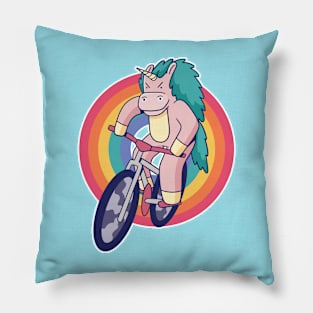 Retro Unicorn on a Bicycle Cartoon Pillow